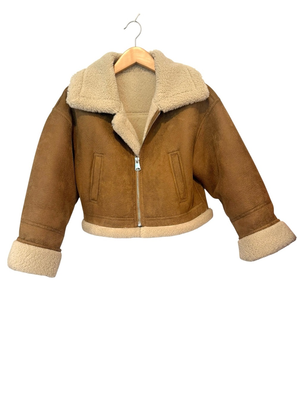 Mango MNG Suede Cropped Aviator Jacket Shearling Collar Large - Picture 2 of 15